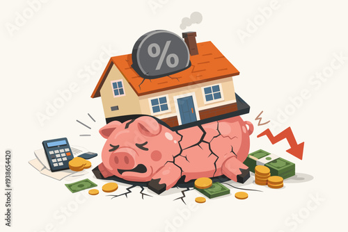 Heavy House with High Interest Rate Crushing a Broken Piggy Bank, Concept of Expensive Mortgage Payments, Financial Crisis, Debt, and Depleted Savings in a Real Estate Market Downturn Vector