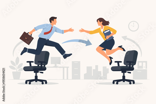 Job Rotation and Employee Switch Concept with Business Man and Woman Jumping to New Positions for Skill Development, Career Growth, and Professional Experience in a Modern Office Environment.