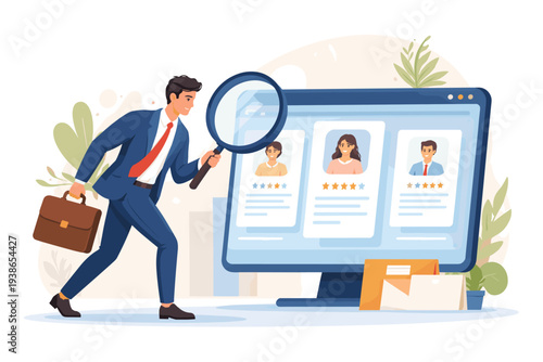 Businessman looking through a magnifying glass at candidate profiles on a computer screen, job recruitment and hiring process concept, career opportunity and employment search illustration.