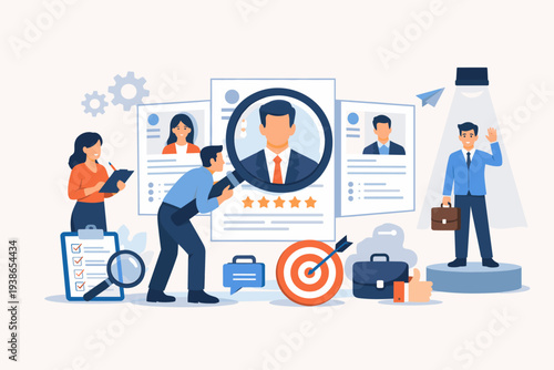 Recruitment and Hiring Process Illustration for Human Resources HR Team Choosing the Best Candidate for a Job Position, Professional CV Resume Screening, Career Opportunity and Employment Concept