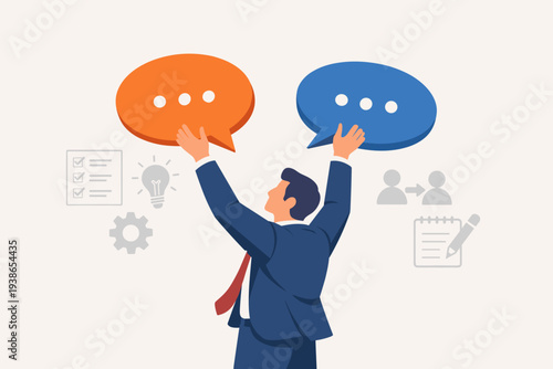 Professional businessman holding speech bubbles for requirement gathering, catch up meeting summary, client feedback, customer opinion, effective communication, and business collaboration concept