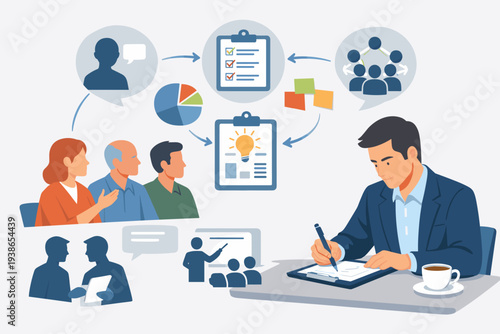 Professional Businessman Writing Project Requirements and Gathering Client Feedback with Stakeholders, Analyzing Data, Checklists, and Creative Ideas for Effective Business Strategy Planning.