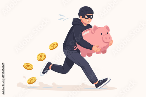 Thief in Black Mask Stealing a Large Piggy Bank and Running Away with Gold Coins Falling Out, Concept of Financial Crime, Investment Risk, Banking Security, Fraud, and Money Theft Illustration.