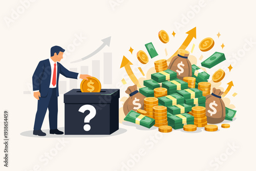 Businessman putting coin into mystery box for high investment returns with stacks of cash, gold coins, and growth arrows. Concept of financial growth, capital gain, ROI, and stock market success.