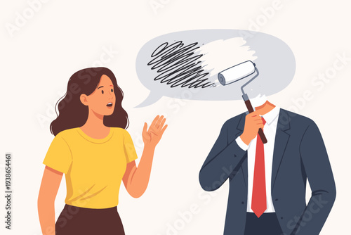 Censorship and Silencing Freedom of Speech Concept with Businessman Using a Paint Roller to Erase a Speech Bubble, Representing the Removal of Truth, Opposing Opinions, or Negative Information