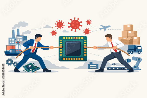 Global Semiconductor and Computer Chip Supply Chain Shortage Crisis Illustration with Businessmen in Tug of War over Microchip during COVID-19 Pandemic Impacting Manufacturing and Logistics
