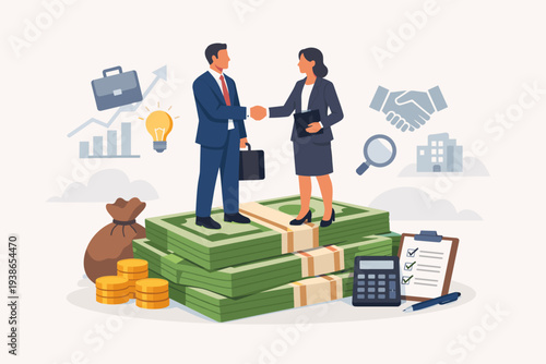 Salary negotiation and pay raise discussion between business partners. Business deal, merger and acquisition agreement with man and woman shaking hands on stack of money bills and coins.