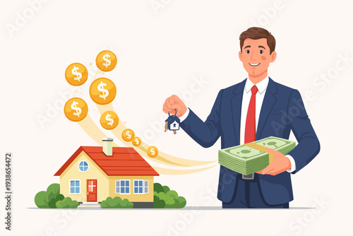 Reverse Mortgage Concept Illustration with Businessman Holding Cash and House Keys While Gold Coins Fly from a Small Home Representing Home Equity Loan, Real Estate Investment, and Retirement Income