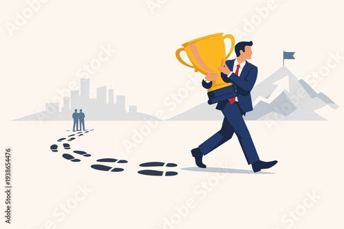 Successful Entrepreneur Carrying a Golden Trophy Following Footprints to Achievement. Concept of Leadership, Business Growth, Motivation, and Reaching the Top of the Mountain with a Flag.