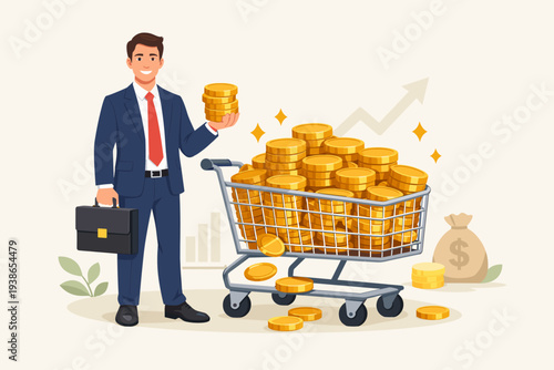Successful businessman holding gold coins next to a shopping cart overflowing with money, representing financial growth, investment profit, wealth accumulation, business success, and high revenue.