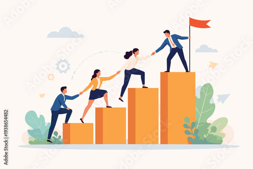 Teamwork for success with employee career path and partnership support to help business growth. People climbing bar chart stairs to reach the goal with leadership, cooperation and achievement.