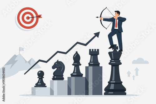 Business Strategy for Success and Strategic Growth Concept with Businessman Aiming Bow and Arrow at Target Standing on Chess Pieces Bar Chart to Achieve Corporate Goals and Mission Success