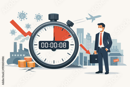 Global Economic Impact of Coronavirus Pandemic with Countdown Stopwatch, Market Crash Arrow, Businessman in Mask, and Business Shutdown Illustration for COVID-19 Financial Crisis Concept
