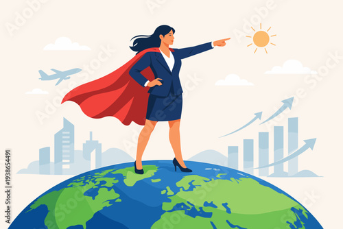 Powerful Businesswoman Leader with Superhero Cape Standing on Globe Pointing Towards Future Success, Global Female CEO Empowerment, International Company Leadership and Growth Concept Vector
