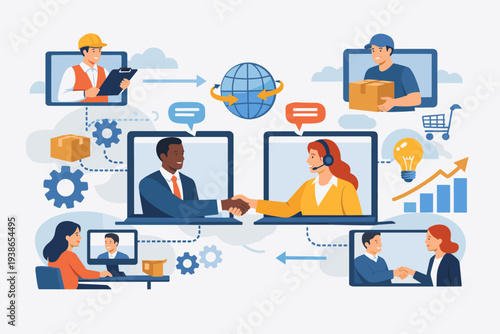 Global business collaboration and outsourcing concept with diverse professionals working virtually through screens, managing supply chain, logistics, and partnerships in a digital workspace.