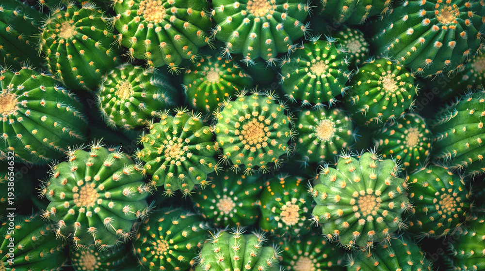 Fototapeta premium Close-up of vibrant green cactus plants with yellow spines