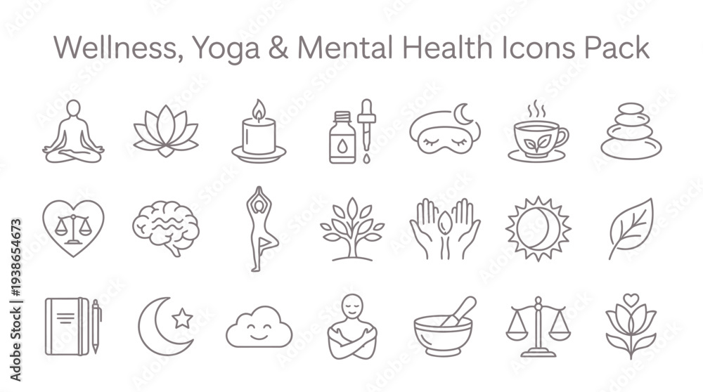 Fototapeta premium Collection of minimal line art icons representing essential wellness, yoga, mindfulness, and complete mental health concepts.