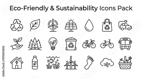 A comprehensive pack of eco-friendly and sustainability outline icons representing environmental conservation, renewable energy, and green living concepts.