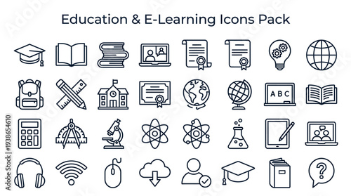 Modern vector outline icons pack for education and e-learning, featuring a wide range of academic and digital symbols.