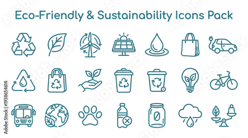 A collection of modern line icons illustrating various eco-friendly practices, renewable energy sources, and sustainability concepts for environmental awareness.