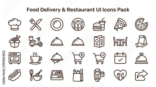 Comprehensive food delivery and restaurant user interface outline icon pack featuring culinary service elements.