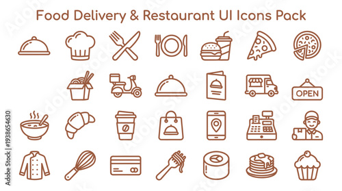 Comprehensive set of brown line icons representing various food delivery and restaurant service elements clearly displayed.