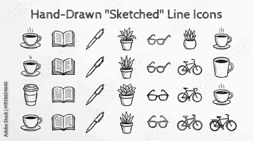 Collection of hand-drawn sketched line icons featuring various objects like coffee, books, pens, plants, and bicycles.