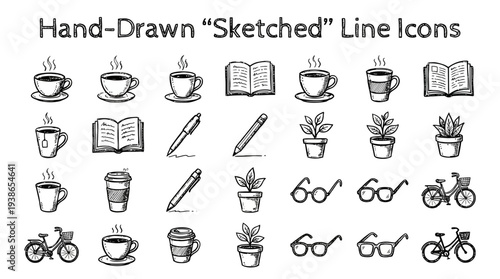A diverse collection of hand-drawn sketched line icons representing common everyday objects like coffee, books, and plants.