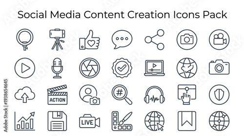 A comprehensive collection of outline icons representing various tools and concepts for social media content creation and digital marketing.