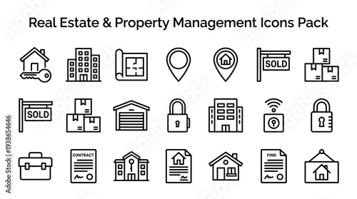 Comprehensive line art icons set illustrating various essential elements for real estate and modern property management services effectively.