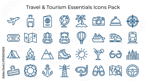 A comprehensive set of outline icons illustrating various essential elements for travel, tourism, vacation, adventure, and exploration activities.