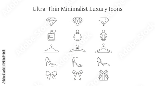 Elegant ultra-thin line art icons showcasing luxury items like sparkling diamonds, designer perfume, fashion hangers, high heels, and decorative bows.