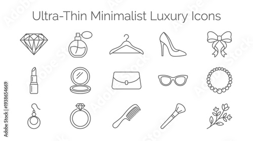 A collection of ultra-thin minimalist luxury icons featuring elegant fashion accessories, beauty products, and exquisite jewelry items.