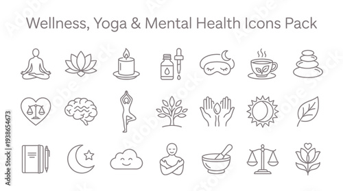 Collection of minimal line art icons representing essential wellness, yoga, mindfulness, and complete mental health concepts.