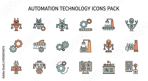 Collection of charming flat line icons representing various automated robots, machinery, gears, and industrial factory concepts.