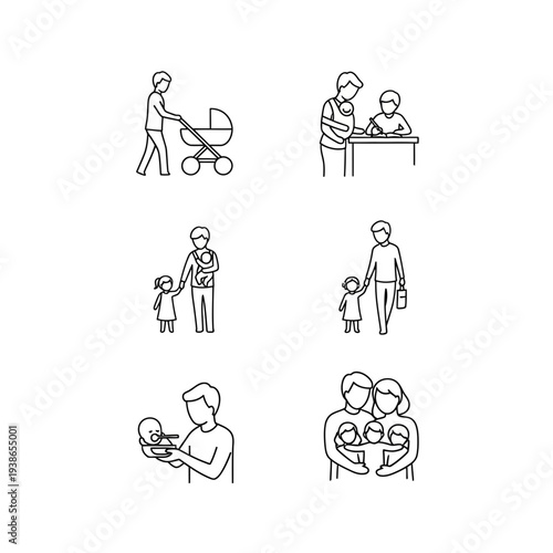 A collection of outline icons depicting various family moments, including parents with strollers, children, and cuddles, representing family life and parenting