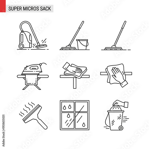Comprehensive Set of Ultra-Thin Line Icons for Diverse Household Cleaning and Domestic Chore Tasks, Perfect for Modern Graphic Design and Web Applications
