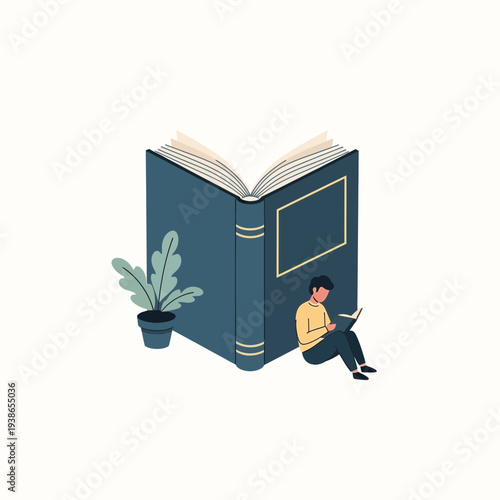 A person sitting and reading a book next to a potted plant, with the book open in front of them, illustrating a love for reading and learning