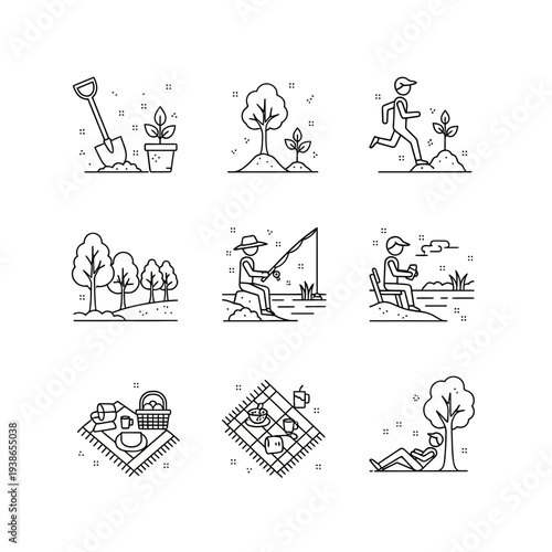 Ultra-thin line art icon set featuring outdoor leisure activities. From gardening and fishing to relaxing and picnicking, these vector graphics illustrate nature's simple joys and recreational hobbies