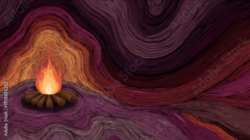 A stylized illustration features a campfire set against abstract swirling lines in warm hues