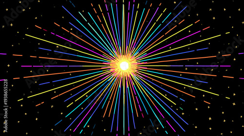 A vibrant burst of colorful lines radiating from a central point against a black starlit sky