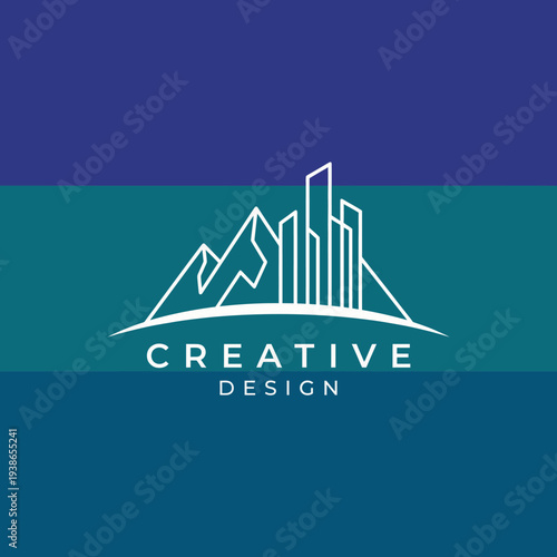 This image features a stylized logo design representing creative innovation, combining mountains with city skyscrapers, symbolizing growth and urban creativity.
