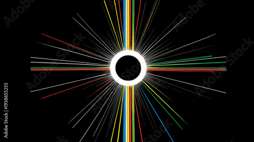 Graphic artwork of colorful lines radiating from a central black circle against a dark background