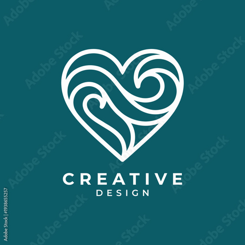 This image features a unique heart-shaped logo incorporating flowing wave patterns, combining creativity with a refreshing oceanic theme for design-related purposes.
