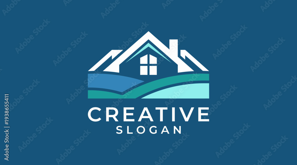 Fototapeta premium A modern logo design featuring a house silhouette against flowing waves, representing innovation in real estate branding, ideal for agents looking to stand out.