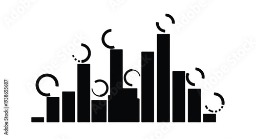 Modern cityscape urban skyline with crescent shapes and graph bars on white background, illustration for business, finance, or technology concept