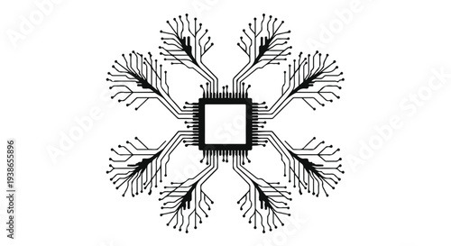 Abstract circuit board design with branching connections and central square, symbolizing technology and innovation