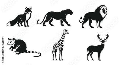 Diverse Wild Animal Silhouettes Collection: Fox, Panther, Lion, Opossum, Giraffe, and Deer Icons for Nature and Wildlife Designs