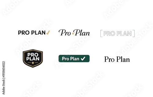 Variety of pro plan logos: textual and shield designs with checks and stars