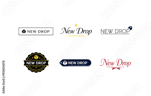 Diverse 'new drop' logo designs collection in various styles and colors